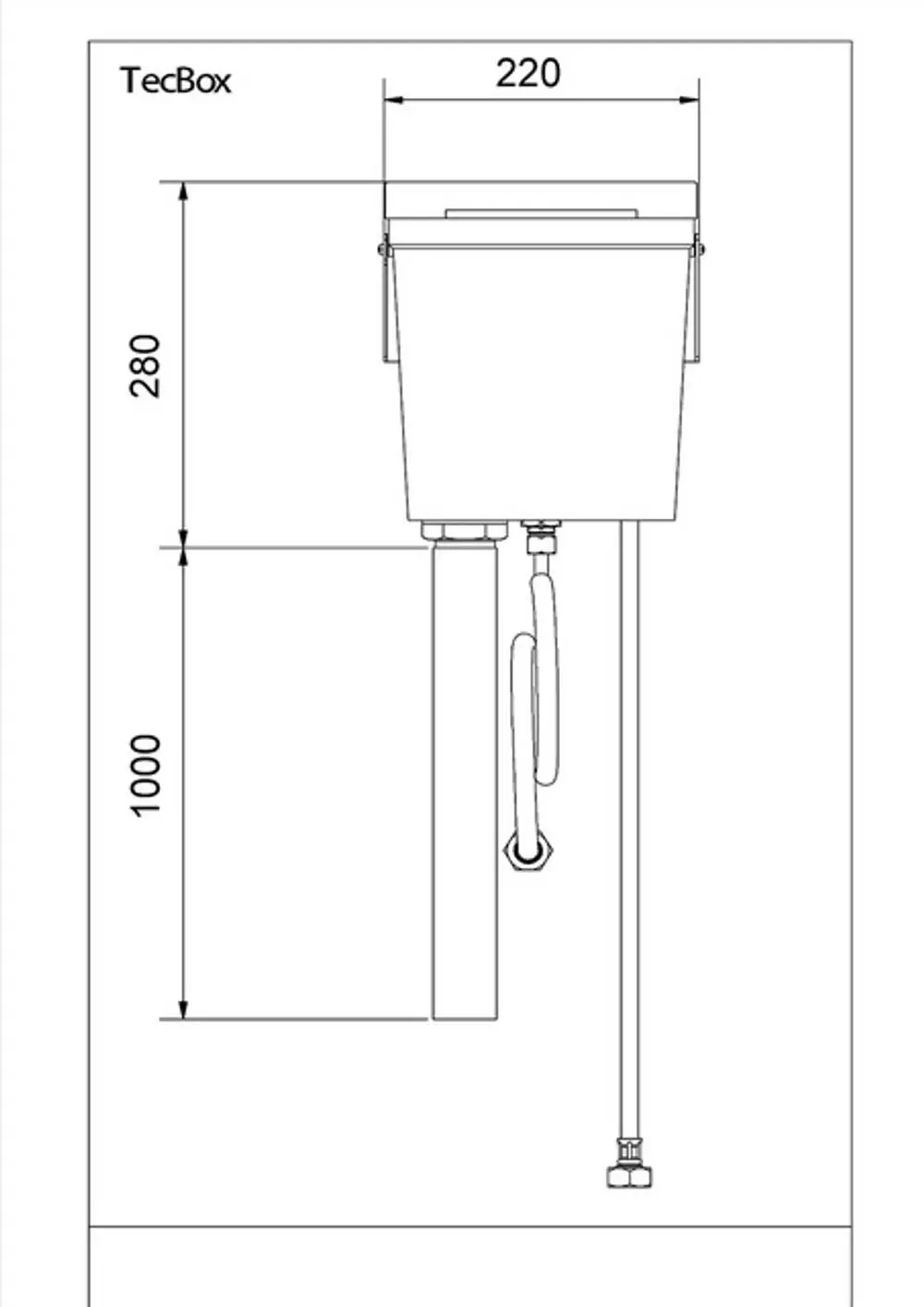 Technische Zeichnung eines Produkts mit einem rechteckigen Gehäuse, verbunden mit Rohren. Die Maße sind deutlich angegeben. Ein Produkt von IMI Hydronic Engineering.